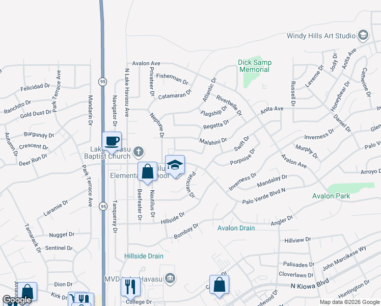map of restaurants, bars, coffee shops, grocery stores, and more near 2250 Interlake Drive in Lake Havasu City