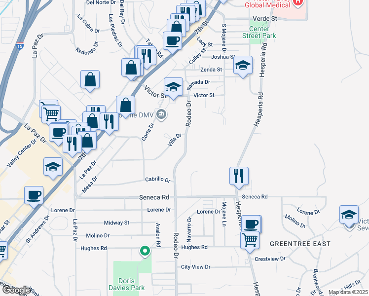 map of restaurants, bars, coffee shops, grocery stores, and more near 14688 Rodeo Drive in Victorville