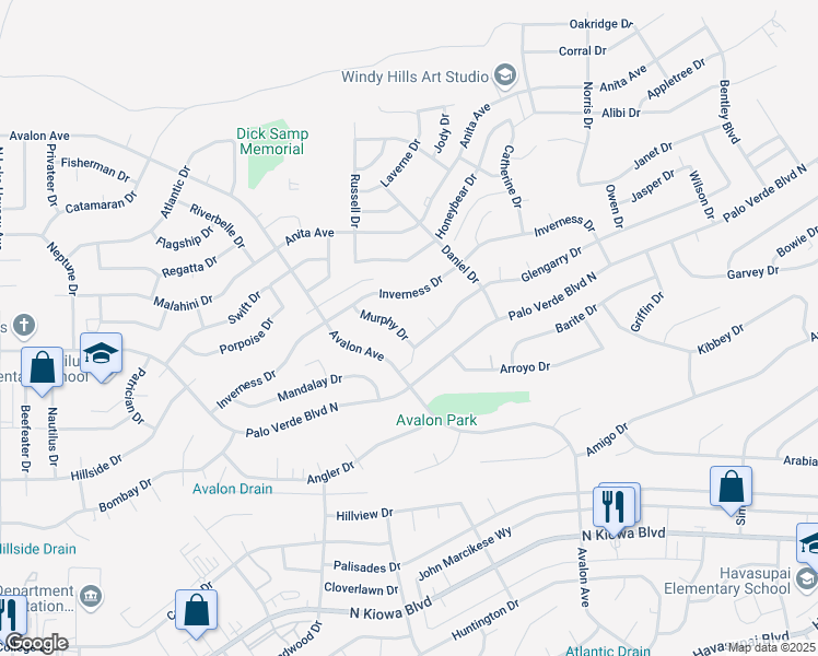 map of restaurants, bars, coffee shops, grocery stores, and more near 1420 Murphy Dr in Lake Havasu City