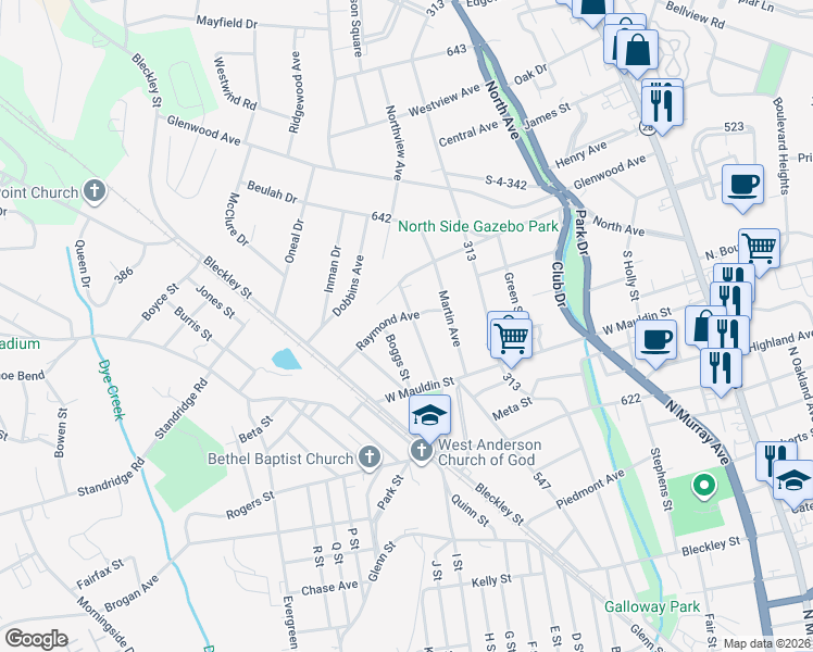 map of restaurants, bars, coffee shops, grocery stores, and more near 709 Raymond Avenue in Anderson