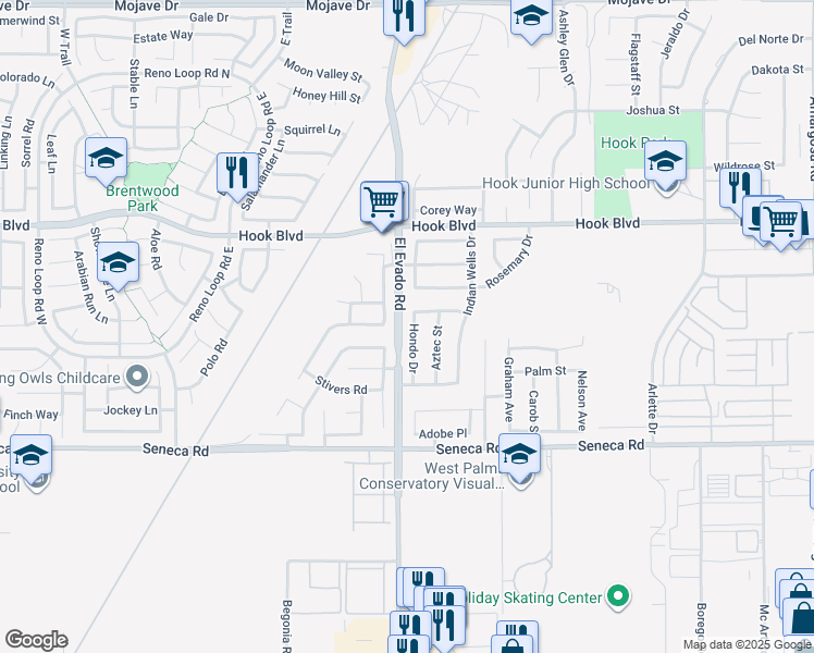 map of restaurants, bars, coffee shops, grocery stores, and more near 14710 Hondo Drive in Victorville