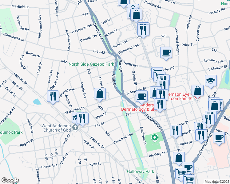 map of restaurants, bars, coffee shops, grocery stores, and more near 403 Rosewood Drive in Anderson