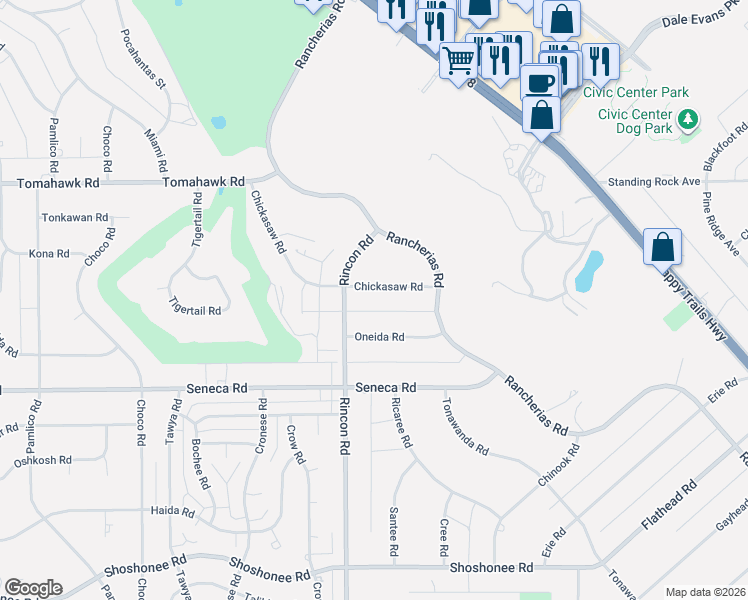 map of restaurants, bars, coffee shops, grocery stores, and more near 20181 Chickasaw Road in Apple Valley