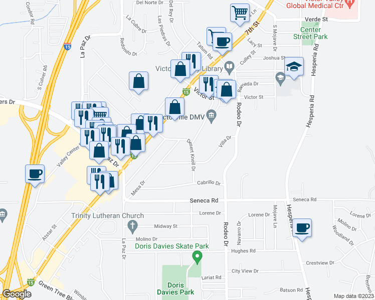 map of restaurants, bars, coffee shops, grocery stores, and more near 16377 Desert Knoll Drive in Victorville