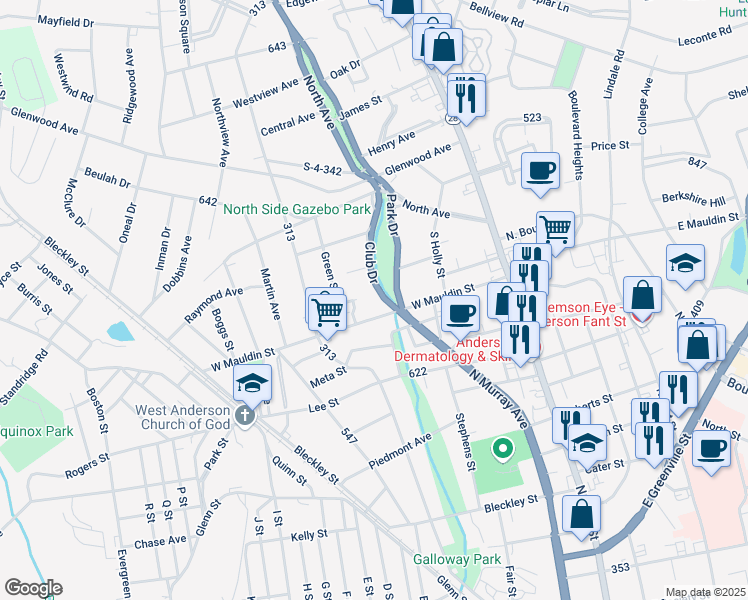 map of restaurants, bars, coffee shops, grocery stores, and more near 403 Rosewood Drive in Anderson