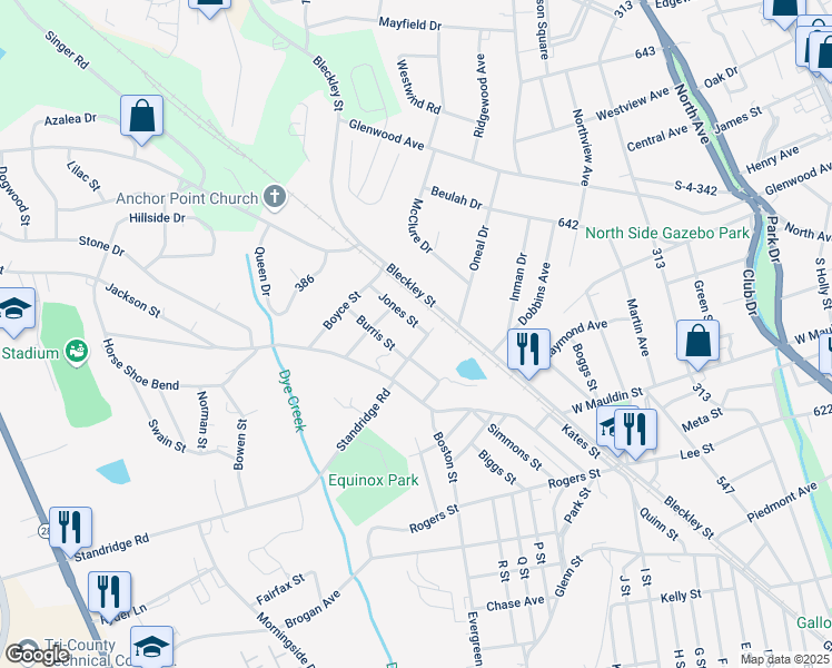 map of restaurants, bars, coffee shops, grocery stores, and more near 103 Jones St in Anderson