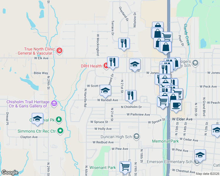 map of restaurants, bars, coffee shops, grocery stores, and more near 2114 West Scott Lane in Duncan
