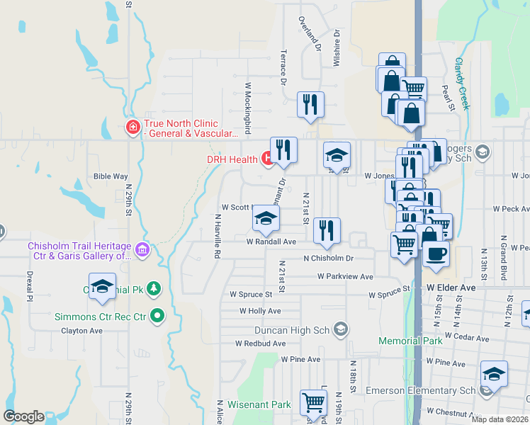 map of restaurants, bars, coffee shops, grocery stores, and more near 2114 West Scott Lane in Duncan