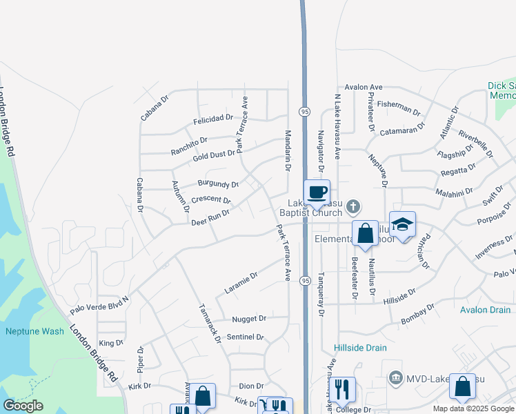map of restaurants, bars, coffee shops, grocery stores, and more near 1971 Park Terrace Place in Lake Havasu City