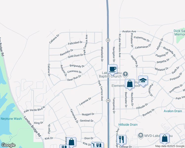 map of restaurants, bars, coffee shops, grocery stores, and more near 1971 Park Terrace Place in Lake Havasu City