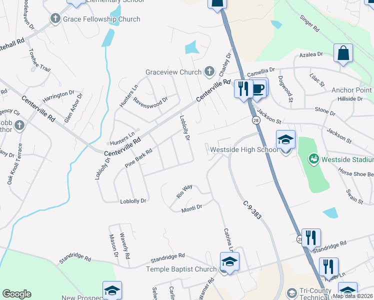 map of restaurants, bars, coffee shops, grocery stores, and more near 208 Loblolly Drive in Anderson