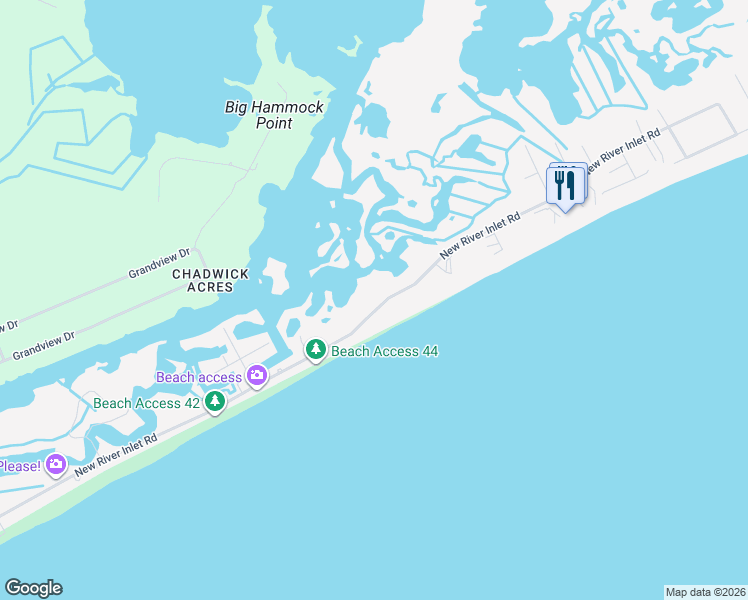 map of restaurants, bars, coffee shops, grocery stores, and more near 1785 New River Inlet Road in North Topsail Beach