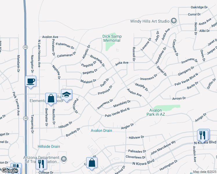 map of restaurants, bars, coffee shops, grocery stores, and more near 2375 Porpoise Drive in Lake Havasu City