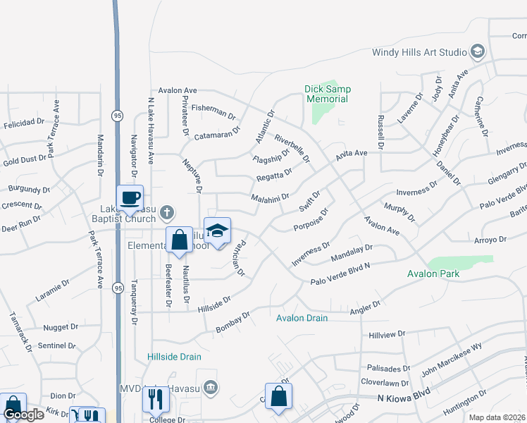 map of restaurants, bars, coffee shops, grocery stores, and more near 2288 Interlake Dr in Lake Havasu City