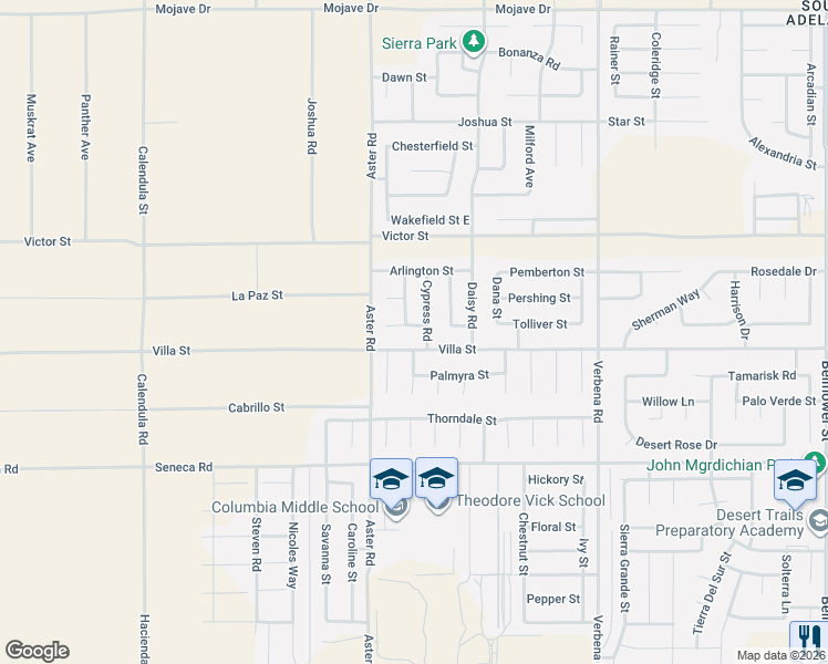 map of restaurants, bars, coffee shops, grocery stores, and more near 10575 Teakwood Way in Adelanto