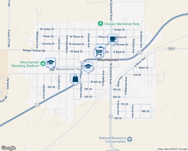 map of restaurants, bars, coffee shops, grocery stores, and more near 304 South Roosevelt Avenue in Mountainair
