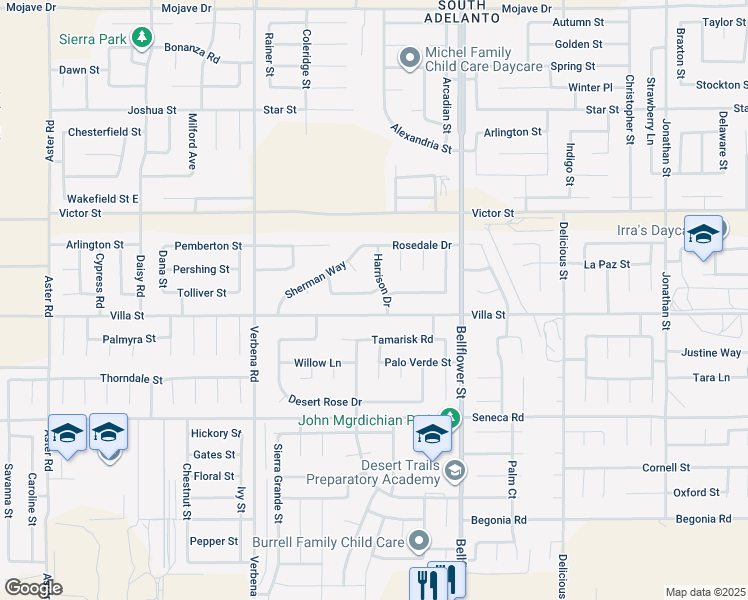 map of restaurants, bars, coffee shops, grocery stores, and more near 11125 Tolliver Way in Adelanto