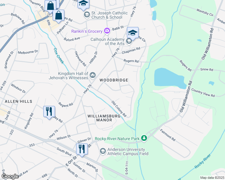 map of restaurants, bars, coffee shops, grocery stores, and more near 1207 Williamsburg Drive in Anderson