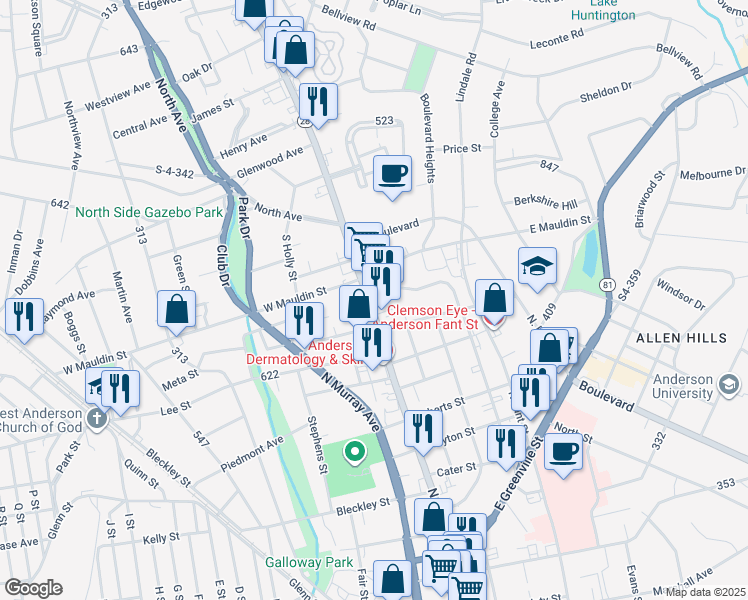 map of restaurants, bars, coffee shops, grocery stores, and more near 114 Midtown Square in Anderson