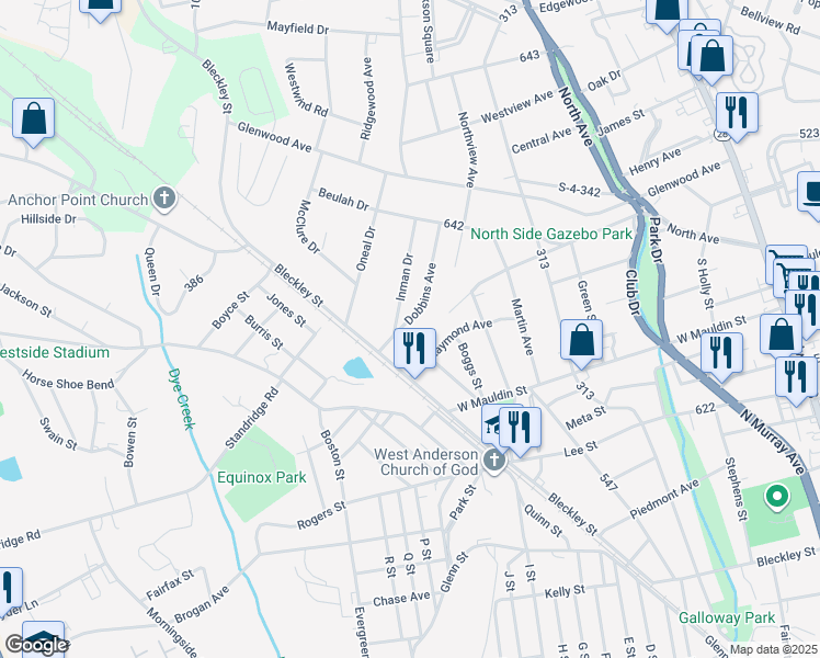 map of restaurants, bars, coffee shops, grocery stores, and more near 1908 Dobbins Avenue in Anderson