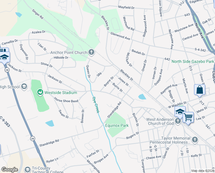 map of restaurants, bars, coffee shops, grocery stores, and more near 149 Boyce Street in Anderson