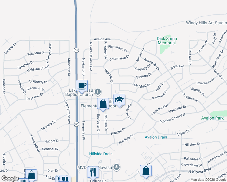 map of restaurants, bars, coffee shops, grocery stores, and more near 1525 Neptune Drive in Lake Havasu City