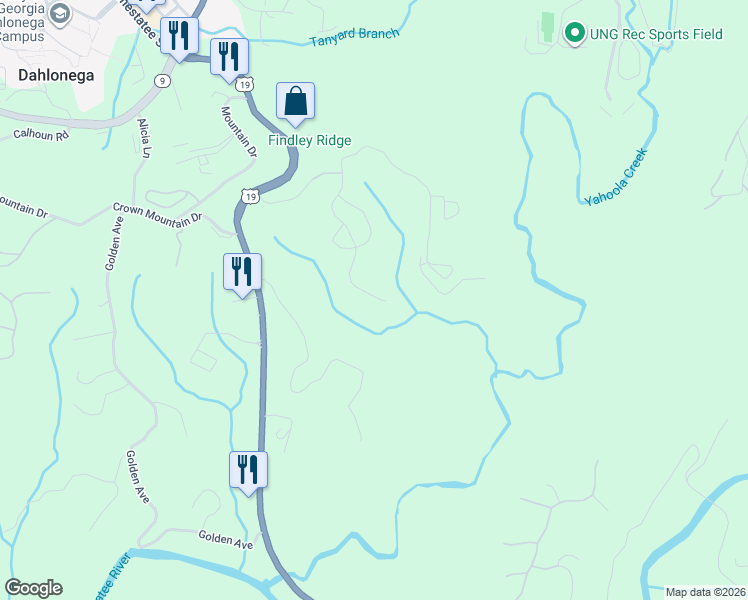 map of restaurants, bars, coffee shops, grocery stores, and more near 106 Stoneybrook Drive in Dahlonega