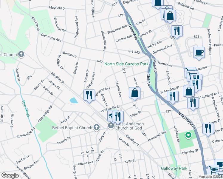 map of restaurants, bars, coffee shops, grocery stores, and more near 709 Raymond Avenue in Anderson