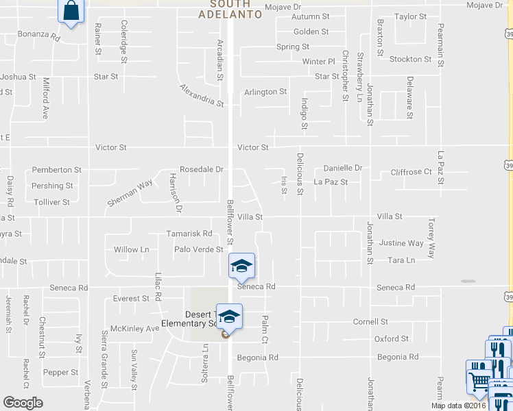 map of restaurants, bars, coffee shops, grocery stores, and more near 14734 Sandstone Street in Adelanto