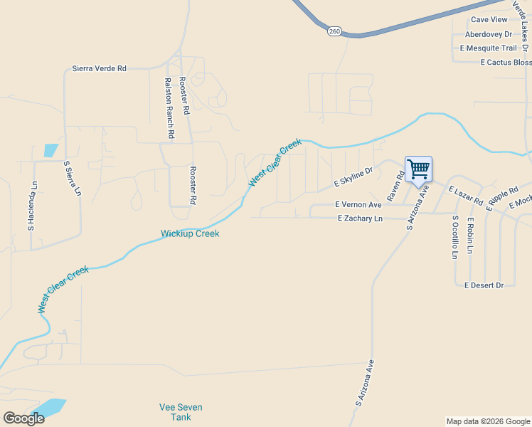 map of restaurants, bars, coffee shops, grocery stores, and more near 2620 East Zachary Lane in Camp Verde