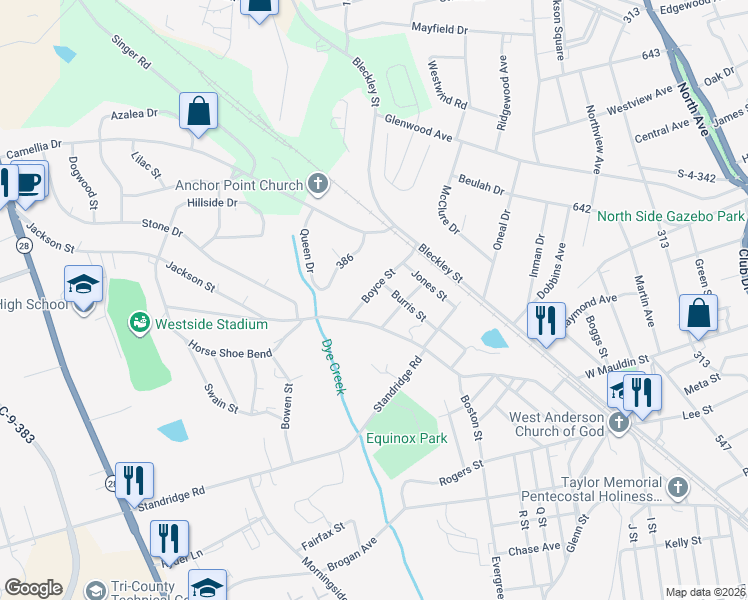 map of restaurants, bars, coffee shops, grocery stores, and more near 149 Boyce Street in Anderson