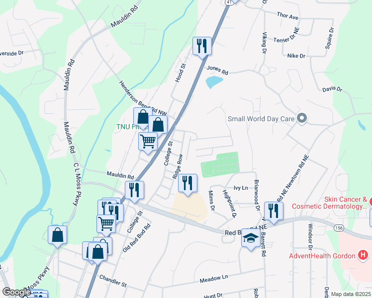 map of restaurants, bars, coffee shops, grocery stores, and more near 119 Mill Pond Lane in Calhoun
