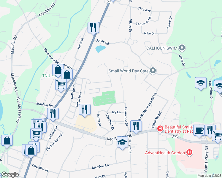 map of restaurants, bars, coffee shops, grocery stores, and more near Chandler Street in Calhoun
