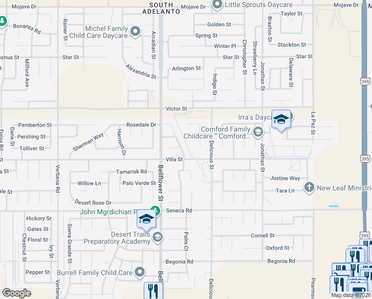 map of restaurants, bars, coffee shops, grocery stores, and more near 11374 Villa Street in Adelanto