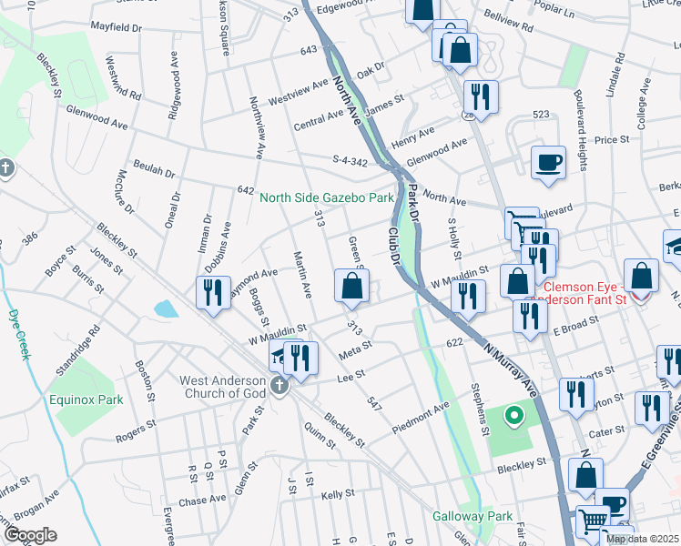 map of restaurants, bars, coffee shops, grocery stores, and more near 1710 Edgewood Avenue in Anderson