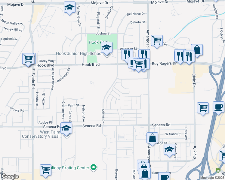 map of restaurants, bars, coffee shops, grocery stores, and more near Marshall Way in Victorville
