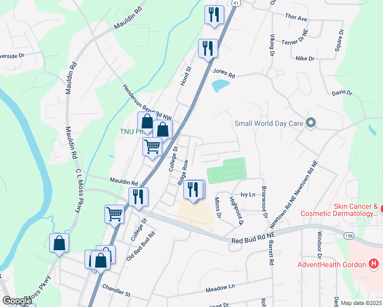 map of restaurants, bars, coffee shops, grocery stores, and more near 117 Mill Pond Lane in Calhoun