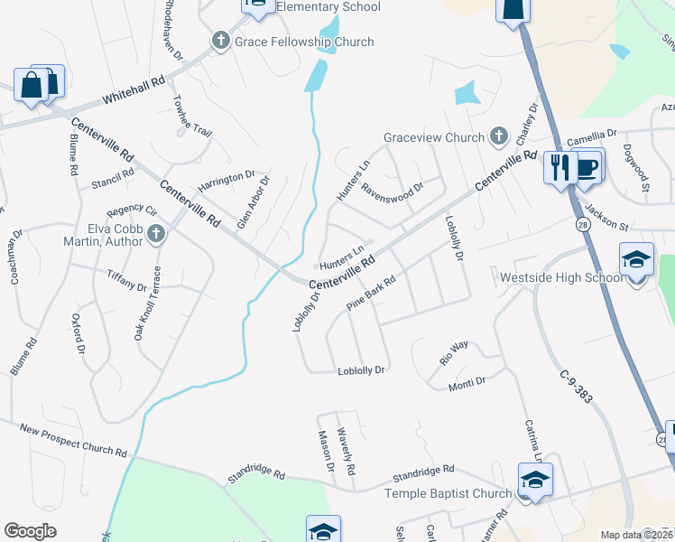 map of restaurants, bars, coffee shops, grocery stores, and more near 640 Hunters Lane in Anderson