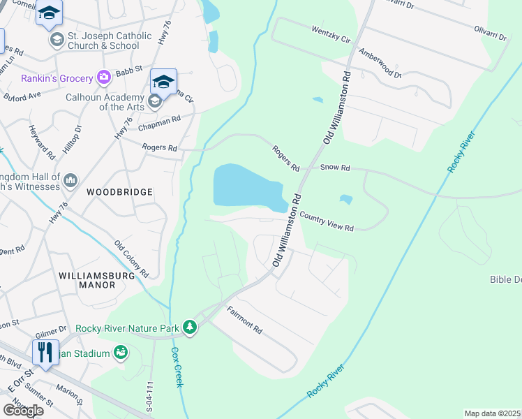 map of restaurants, bars, coffee shops, grocery stores, and more near 105 Woodland Drive in Anderson