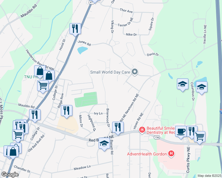 map of restaurants, bars, coffee shops, grocery stores, and more near 265 Mount Vernon Drive in Calhoun