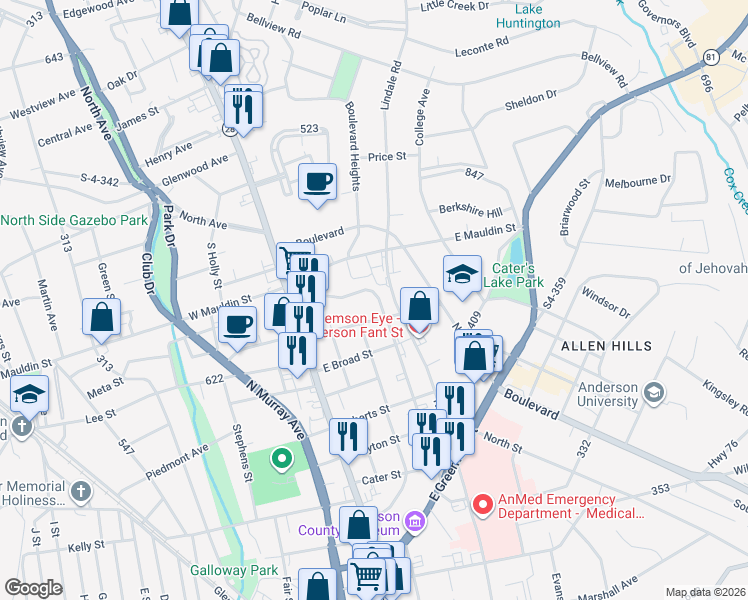 map of restaurants, bars, coffee shops, grocery stores, and more near 130 Midtown Square in Anderson