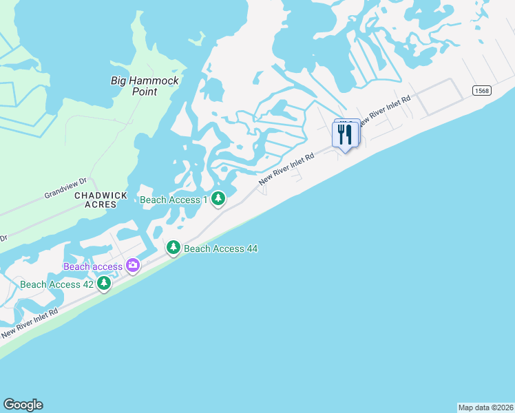 map of restaurants, bars, coffee shops, grocery stores, and more near 1822 New River Inlet Road in North Topsail Beach