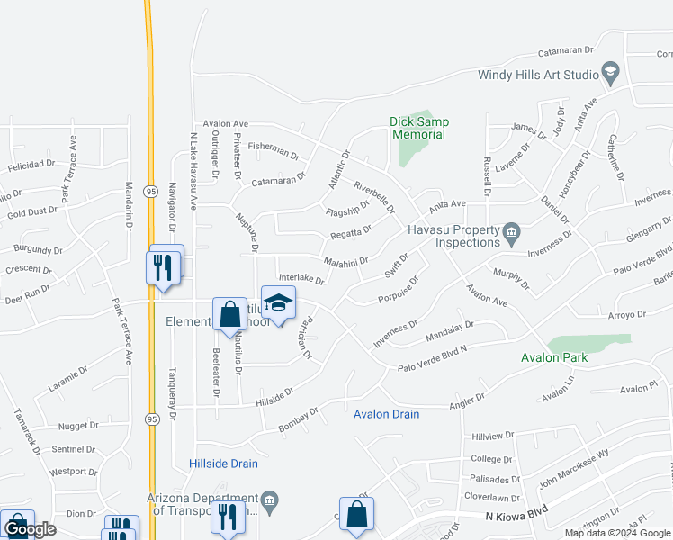 map of restaurants, bars, coffee shops, grocery stores, and more near 2290 Interlake Drive in Lake Havasu City