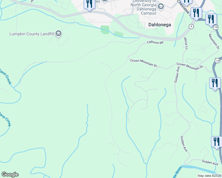 map of restaurants, bars, coffee shops, grocery stores, and more near 793 Calhoun Road in Dahlonega