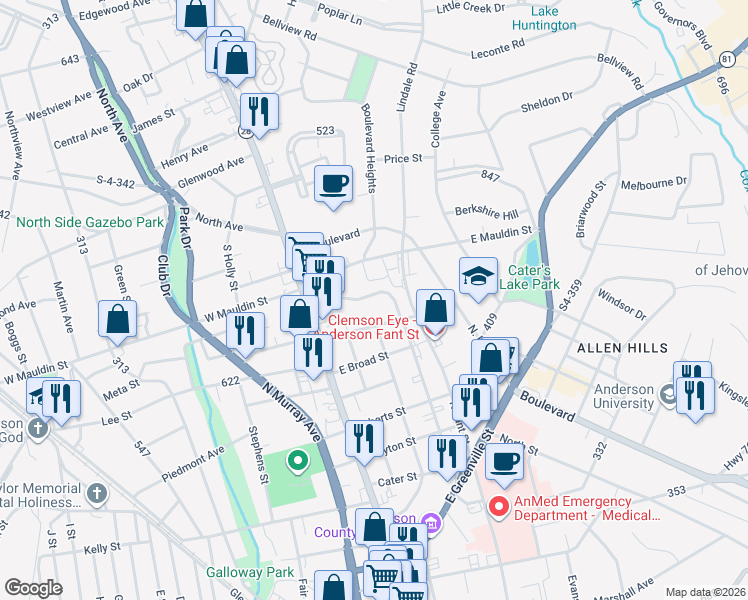 map of restaurants, bars, coffee shops, grocery stores, and more near 130 Midtown Square in Anderson