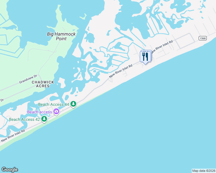 map of restaurants, bars, coffee shops, grocery stores, and more near 1840 New River Inlet Road in North Topsail Beach
