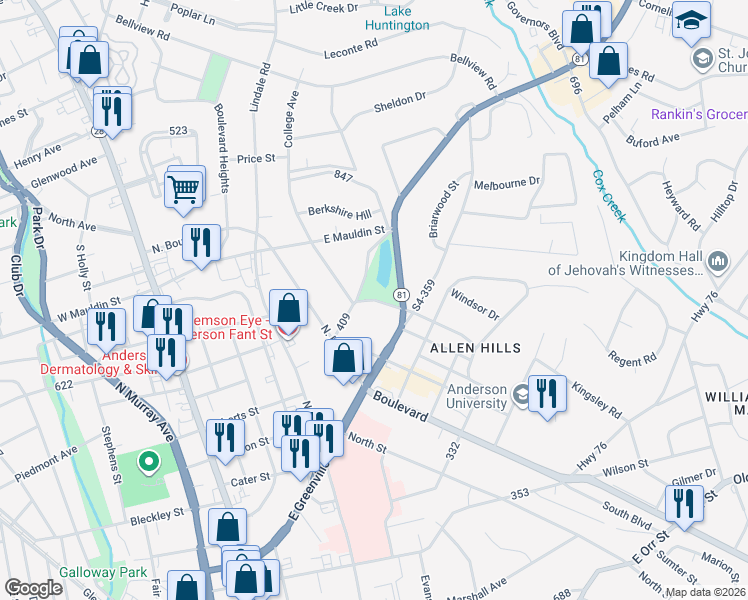 map of restaurants, bars, coffee shops, grocery stores, and more near 1401 College Avenue in Anderson