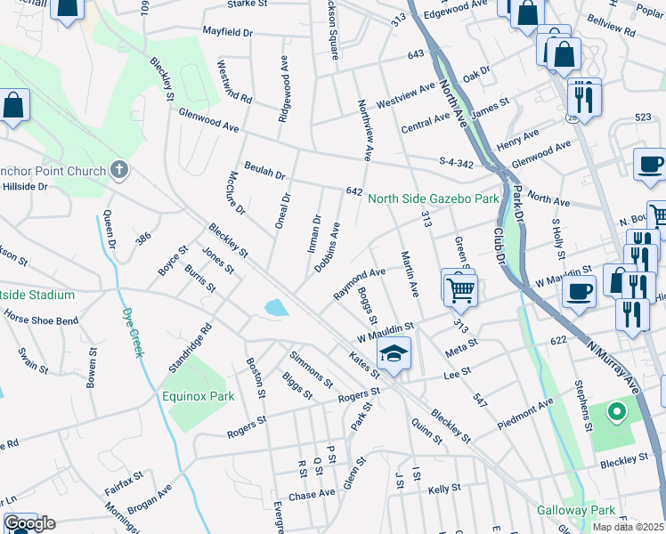 map of restaurants, bars, coffee shops, grocery stores, and more near 1908 Dobbins Avenue in Anderson