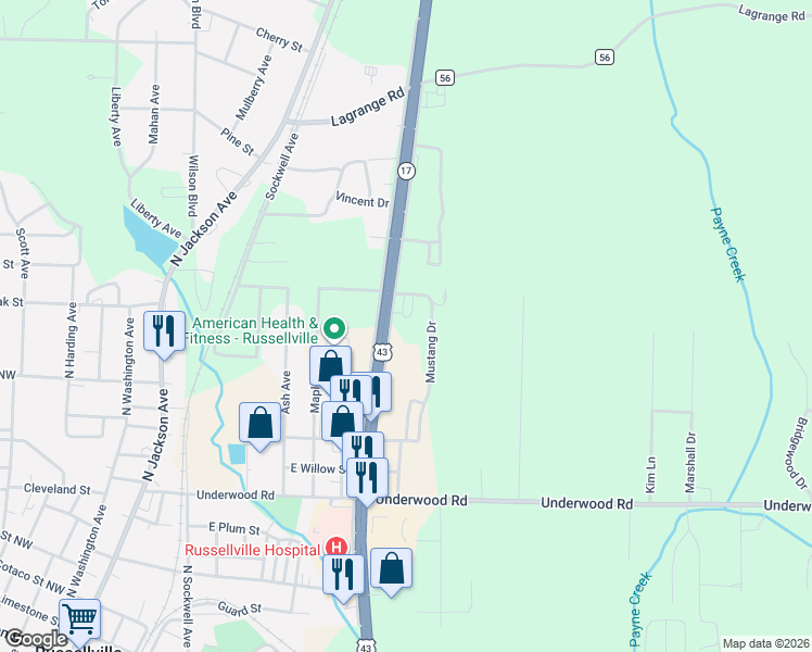 map of restaurants, bars, coffee shops, grocery stores, and more near 294-298 Mustang Drive in Russellville