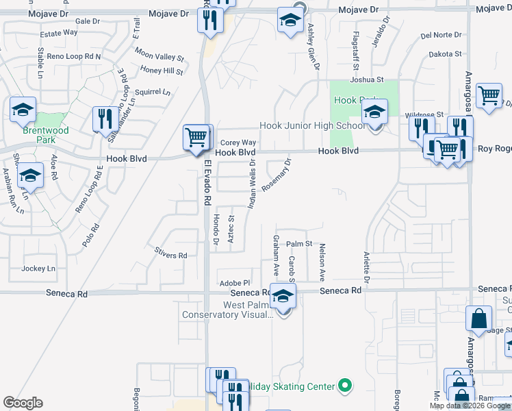 map of restaurants, bars, coffee shops, grocery stores, and more near 14751 Indian Wells Drive in Victorville